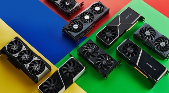 A collection of graphics cards on a colourful background.