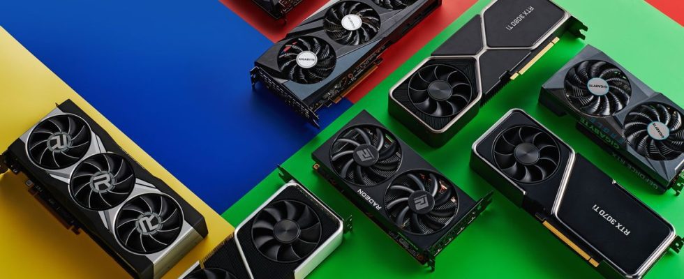 A collection of graphics cards on a colourful background.