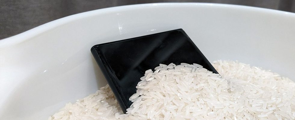 A smartphone sitting in rice