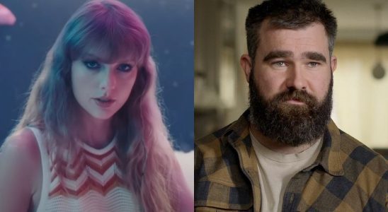 From left to right: a screenshot of Taylor Swift in the Lavender Haze music video and a press image from Amazon Prime of Jason Kelce in Kelce.