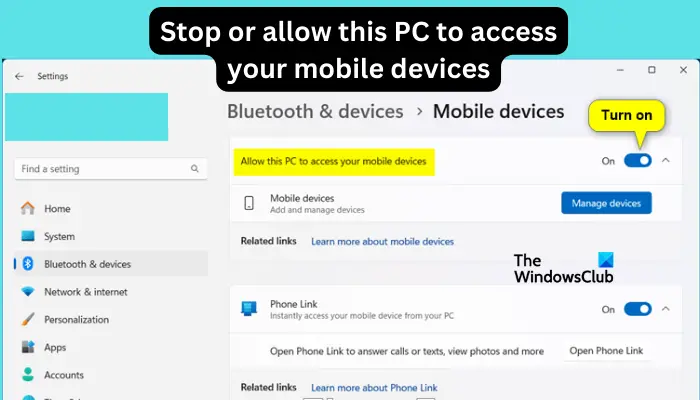 Arrêtez ou autorisez ce PC à accéder à vos appareils mobiles