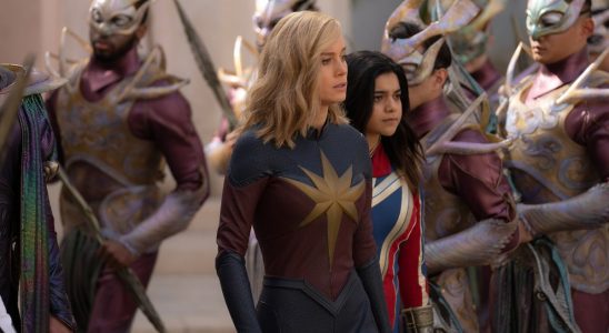 Brie Larson as Captain Marvel/Carol Danvers and Iman Vellani as Ms. Marvel/Kamala Khan in The Marvels