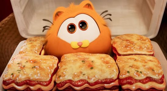 Garfield surrounded by lasagna in The Garfield Movie