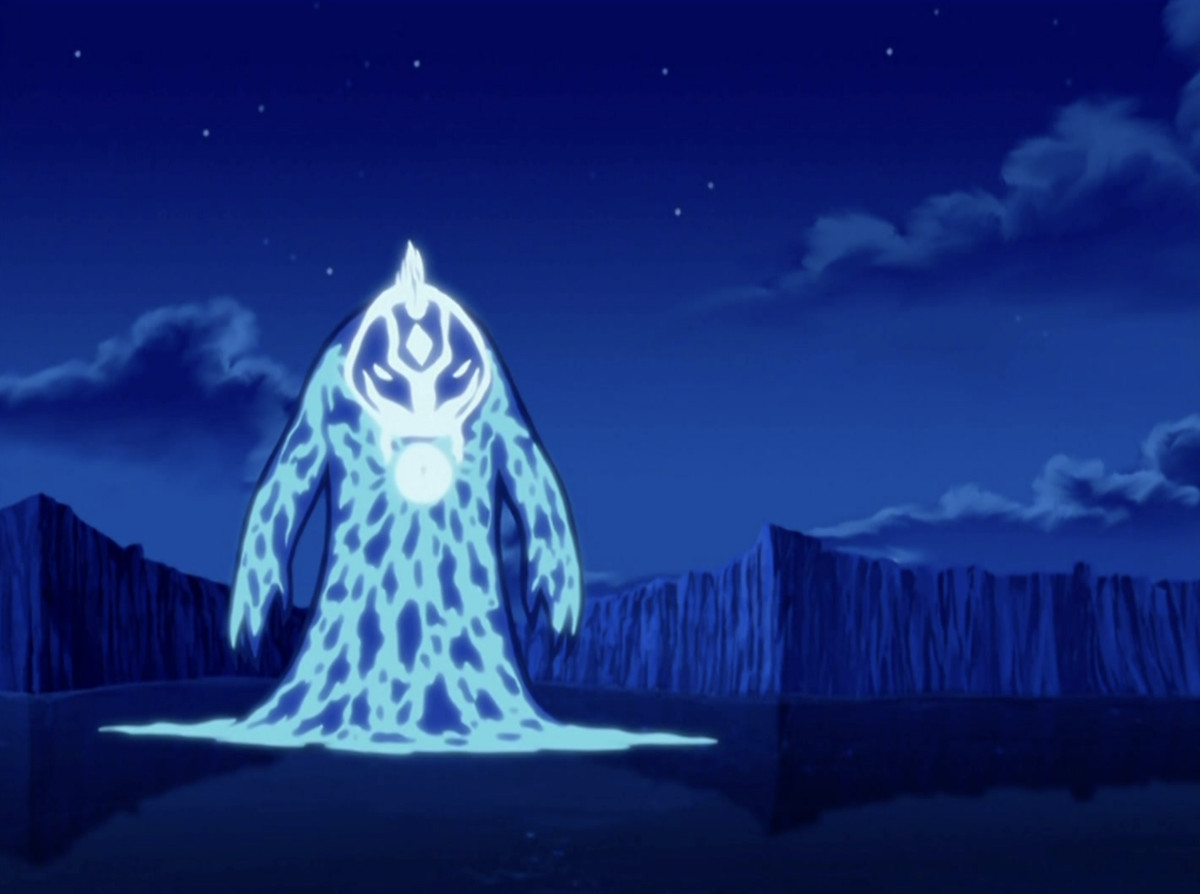 Aang dans son état d'avatar combiné avec l'esprit de la lune pour devenir un monstre aquatique géant lors de la finale de la saison 1