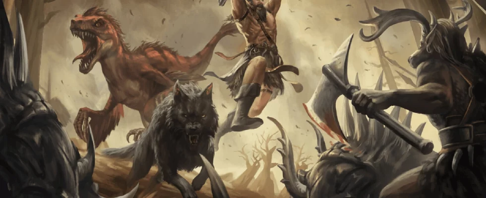 Image of barbarian man and pre-historic animals fighting off dark creatures in Last Epoch artwork.