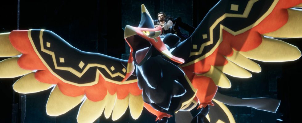 The player riding a giant orange and black bird in Palworld.