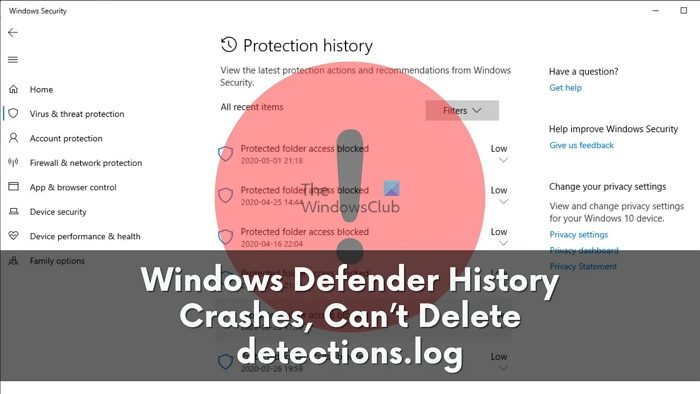 L’historique de Windows Defender plante