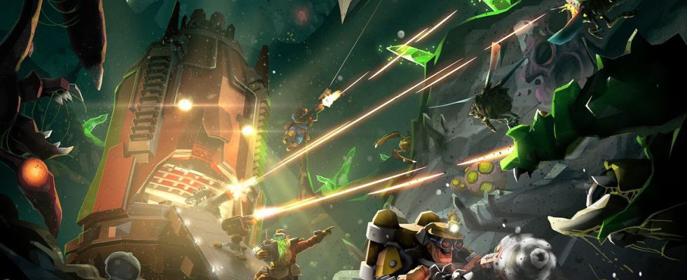Dwarves fighting go get back to the extraction point in Deep Rock Galactic.