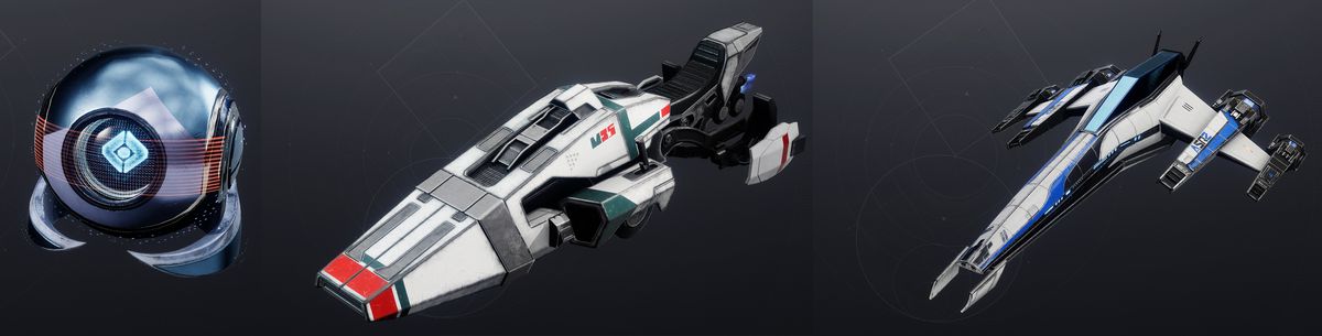 Captures d'écran en jeu du Enhanced Defense Ghost Shell, de l'Alliance Scout Frigate Ship et de l'Alliance Drop Ship Sparrow dans Destiny 2