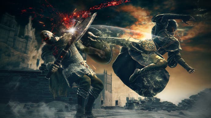 Deux personnages d'Elden Ring s'affrontent, le personnage de droite sautant et donnant des coups de pied sur le côté gauche depuis Shadow of the Erdtree.