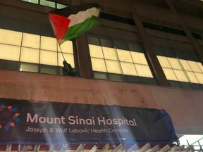Un manifestant pro-palestinien brandissant un drapeau à l’hôpital Mont Sinaï