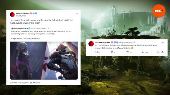 Deux messages Twitter de l'un des concepteurs narratifs principaux de Destiny 2 discutant d'une potentielle simulation de rencontres