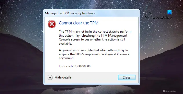 Impossible d'effacer le TPM dans le BIOS, erreur 0x80290300