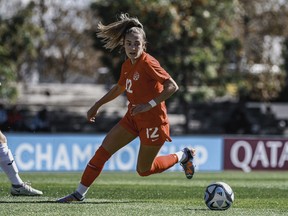 Le milieu de terrain Kaylee Hunter est présenté en action pour le Canada contre Porto Rico le vendredi 2 février 2024, au Championnat féminin U-17 de la CONCACAF à Toluca, au Mexique.