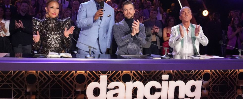 From left to right: Carrie Ann Inaba, Alfonso Ribeiro, Derek Hough, and Bruno Tonioli on DWTS Season 32