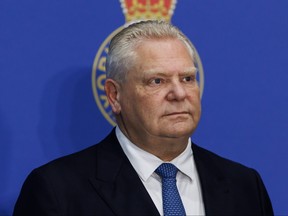 Le premier ministre de l'Ontario, Doug, assiste à une conférence de presse au quartier général de la police régionale de York, à Aurora, en Ontario, le mercredi 31 janvier 2024.