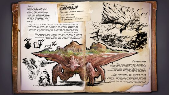 Ark Survival Ascended Oasisaur - Un livre documentant la physiologie du nouveau dinosaure géant avec une île flottante sur le dos.