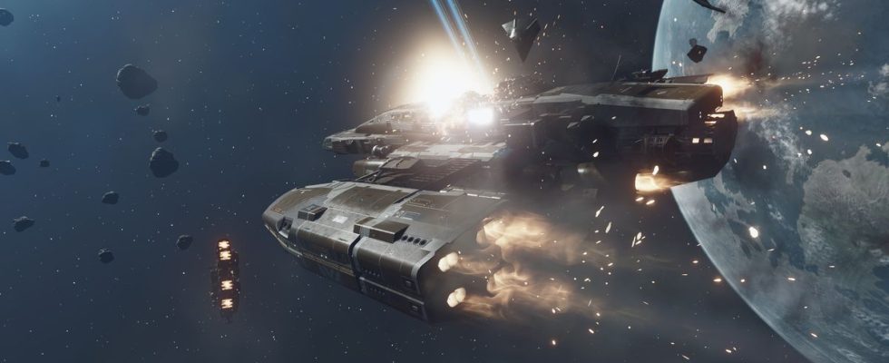 Starfield — a heavily-damaged spaceship is raked by laser fire.