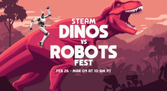 Steam Dinos vs. Robots Fest: a red dinosaur roaring in the background.