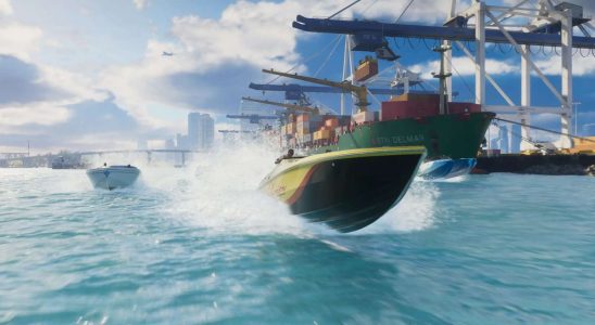 A screenshot from the GTA 6 first trailer, showing speed boasts travelling fast
