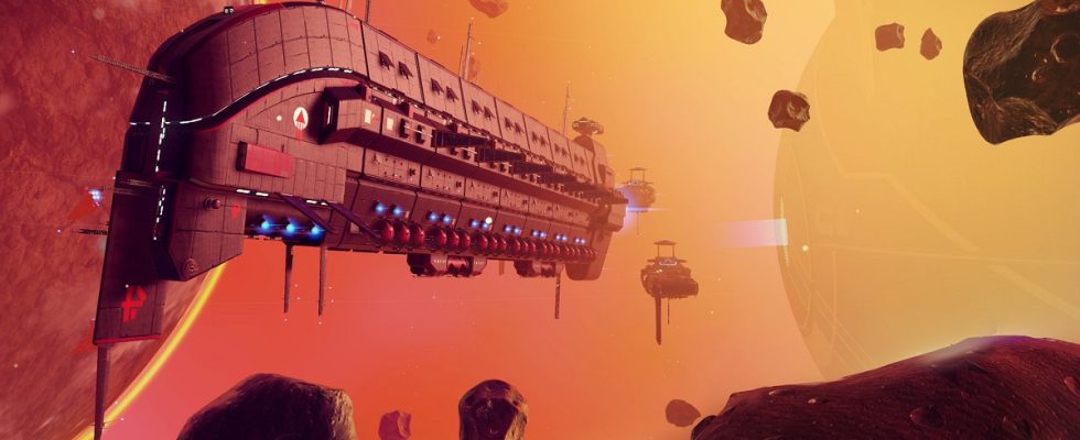 No Man's Sky: a freighter bathed in orange hovers near a dark planet.