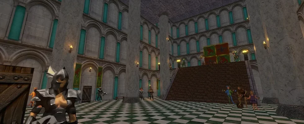 Daggerfall: the inside of a large castle with royalty sat at the top of stone steps.