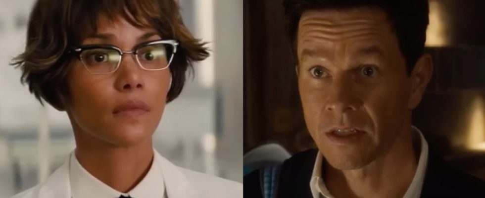 Halle Berry in Kingsman: The Golden Circle and Mark Wahlberg in The Family Plan (side by side)