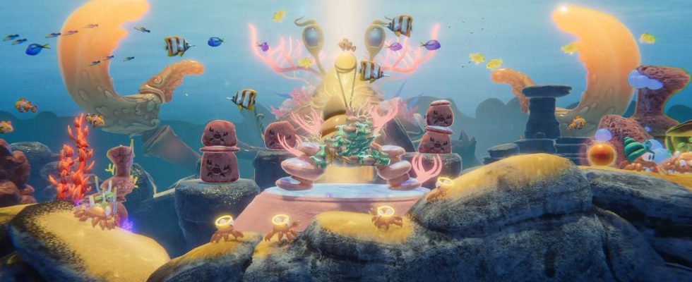 In a side-on underwater setting, a giant crab looks out over small crabs worshipping it