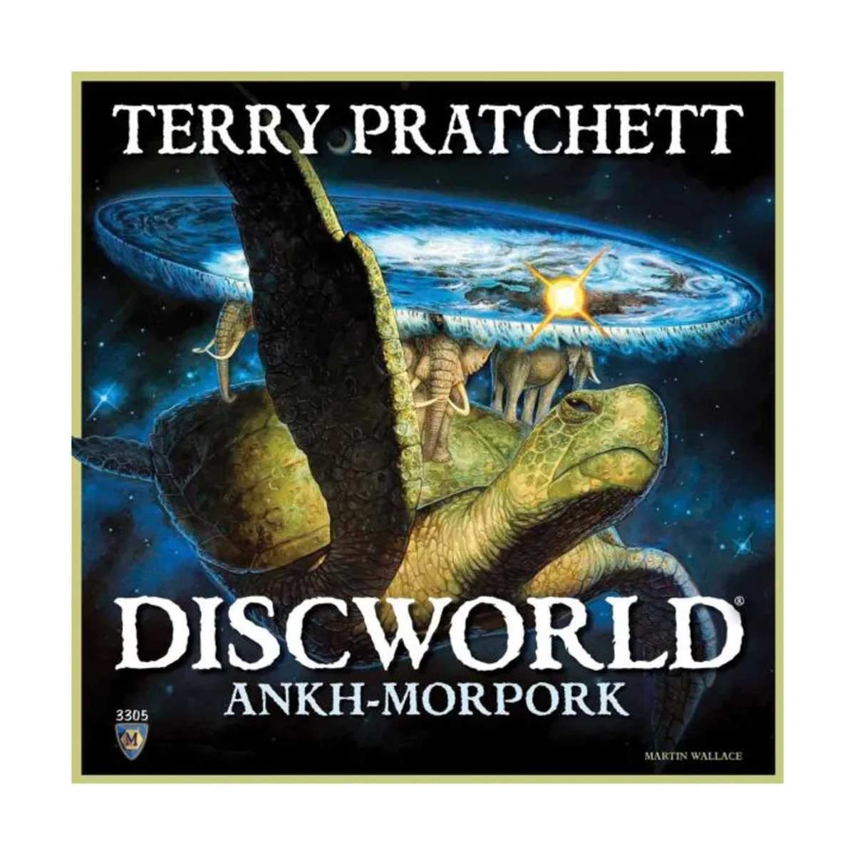 Le coffret du jeu de société Discworld - Ankh-Morpork.  Il porte le nom du jeu en grosses lettres et un rendu du disque est sur la couverture.  Au cas où vous ne le sauriez pas, le Disque est un univers plat sur le dos de quelques éléphants au sommet d'une tortue géante.