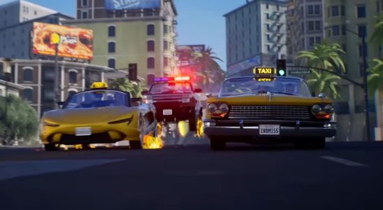 Crazy Taxi reboot trailer still - two taxis being chased by a police car