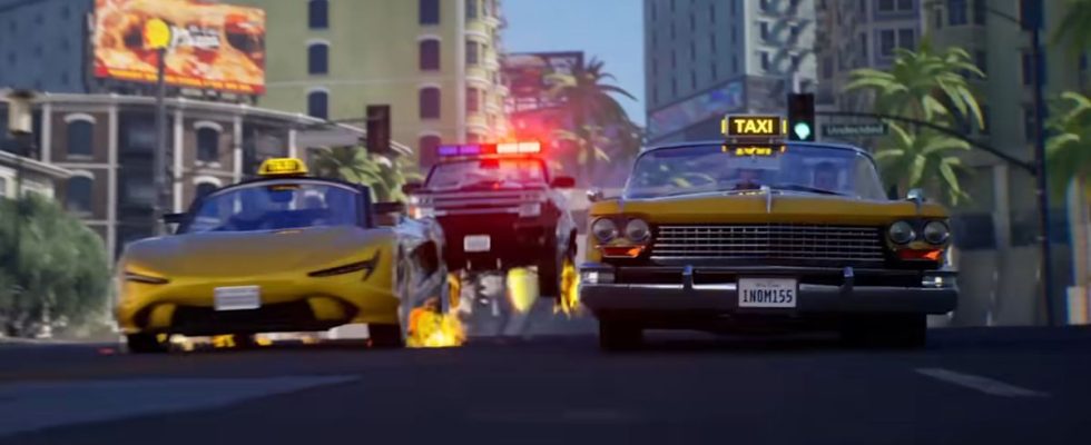 Crazy Taxi reboot trailer still - two taxis being chased by a police car