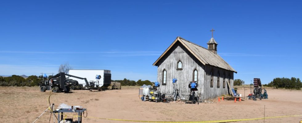 The church building at the Bonanza Creek Ranch, on the set of "Rust," with filming equipment.