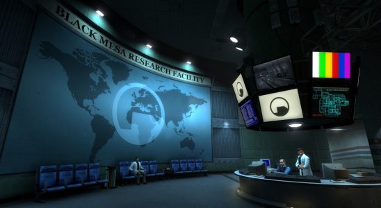 Half-Life remake Black Mesa, showing the world map in the complex's reception area.