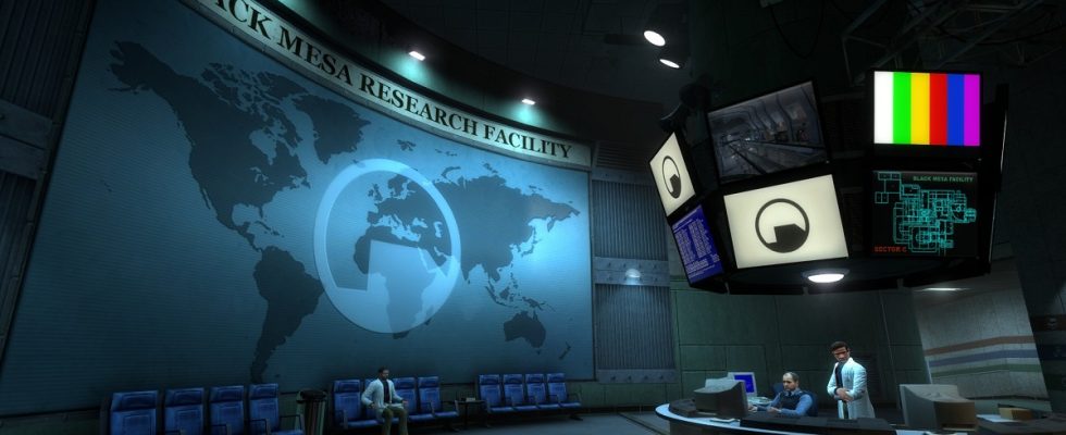 Half-Life remake Black Mesa, showing the world map in the complex's reception area.