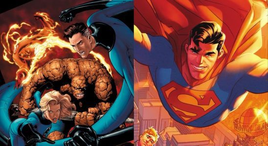Comics illustrations of the Fantastic Four and Superman