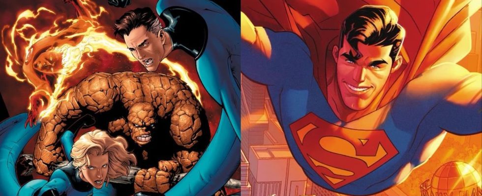 Comics illustrations of the Fantastic Four and Superman