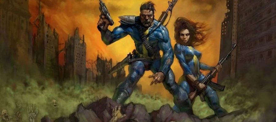 A man and a woman in vault suits stand over irradiated and hostile ghouls in keyart for Fallout 1.