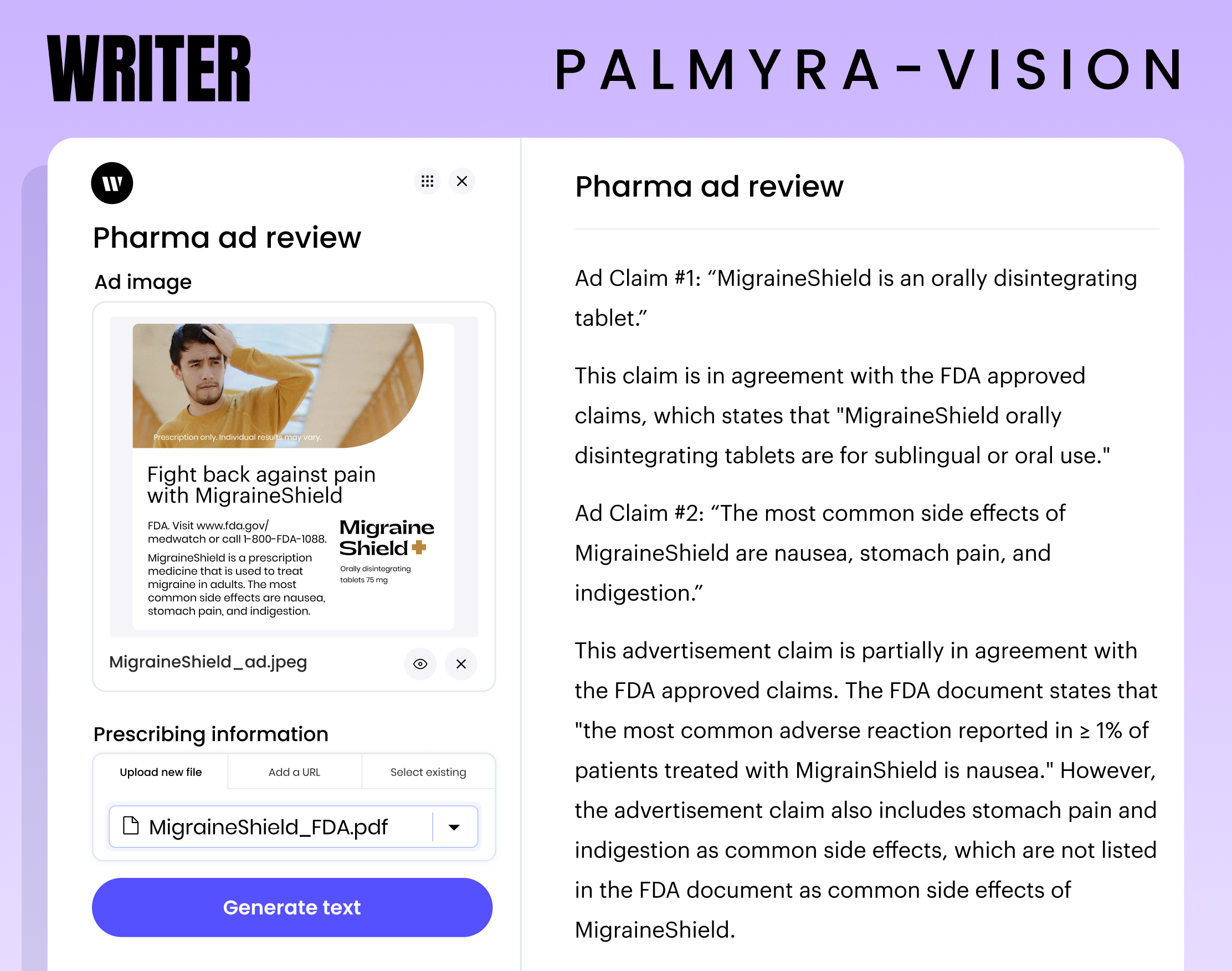 Exemple de l'écrivain Palmyra Vision pour une entreprise pharmaceutique vérifiant une publicité par rapport à un document répondant aux exigences de la FDA.