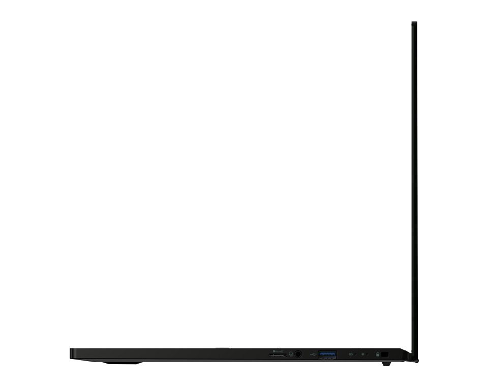 Vue de profil latérale de l'ordinateur portable (mince) Acer Swift Edge 16.  Ordinateur portable noir devant fond gris.