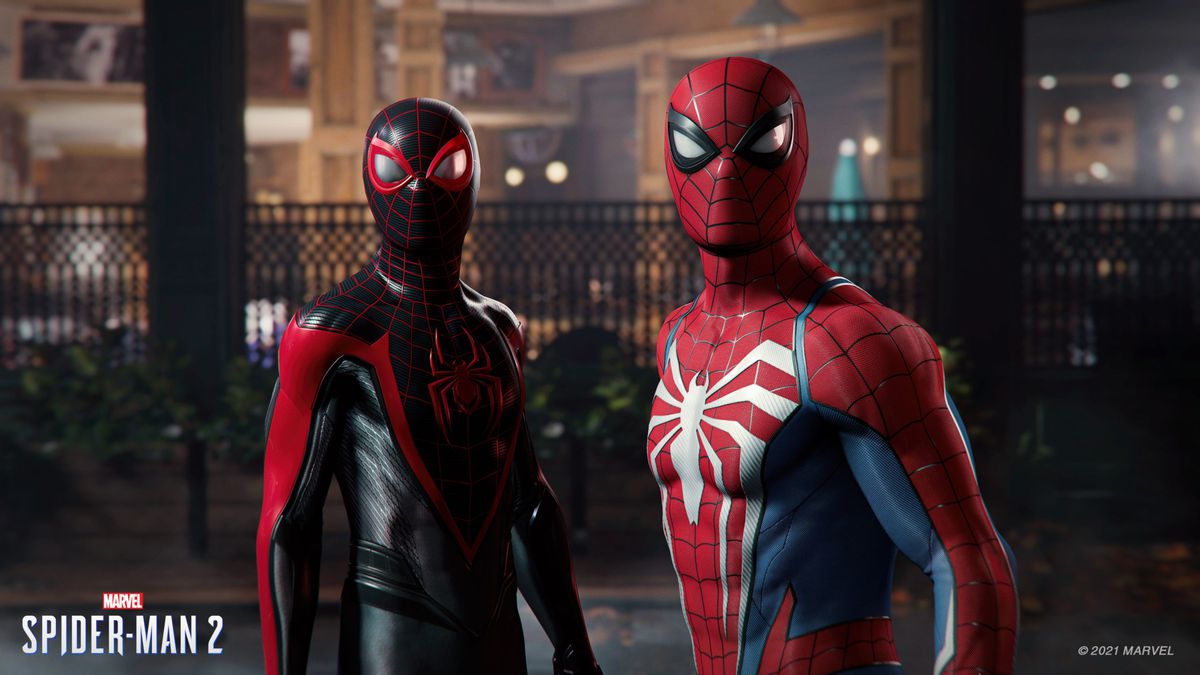 Peter Parker et Miles Morales se tiennent côte à côte dans les illustrations clés de Marvel's Spider-Man 2.