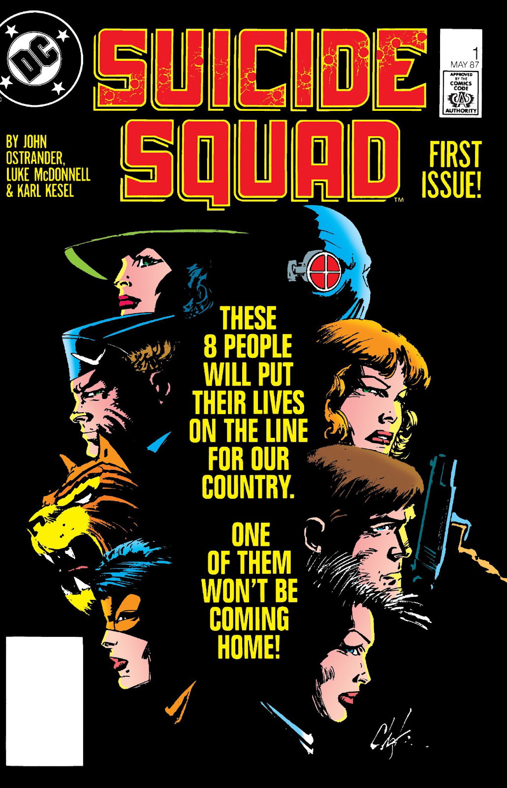 Image : Les huit membres de la Suicide Squad de profil dans l'obscurité sur la couverture de Suicide Squad #1 (1987).  Le texte en bloc au centre de l’image indique : « Ces 8 personnes risqueront leur vie pour notre pays.  L'un d'eux ne rentrera pas chez lui !