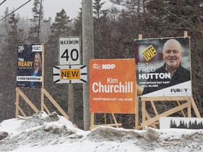 Panneaux de campagne pour une élection partielle à Terre-Neuve.