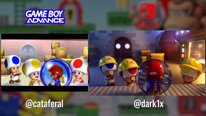 Game Boy Advance vs Switch, captures d'écran de comparaison Mario vs Donkey Kong, montrant des cinématiques