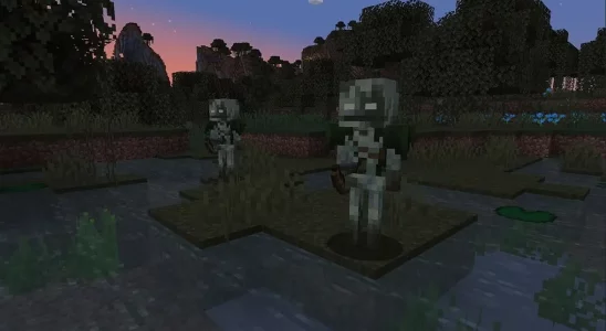 Minecraft: a couple of bogged skeletal mobs on a bit of marshland.
