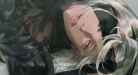 Nier art showing protagonist 2B lying on the ground.