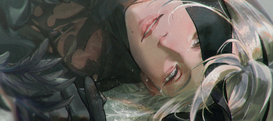 Nier art showing protagonist 2B lying on the ground.