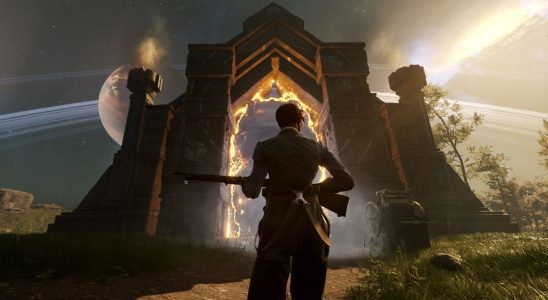 Nightingale screenshot - man with a rifle standing in front of a magical portal