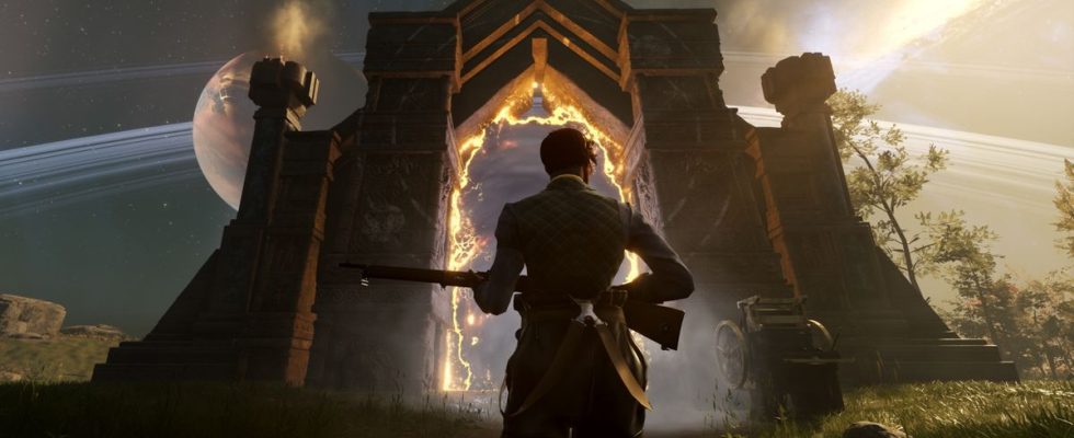 Nightingale screenshot - man with a rifle standing in front of a magical portal