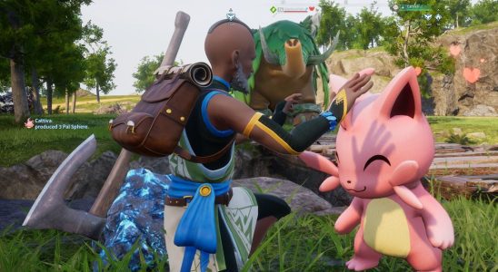 Palworld screenshot - guy with an axe patting a Pal
