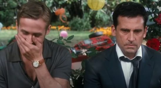 Steve Carell and Ryan Gosling having a funny moment in Crazy, Stupid, Love